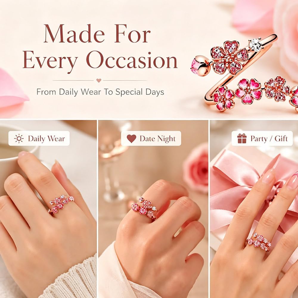Peach Blossom Ring, Pink Cherry Blossom Rose Gold Plated Rings for Women, Adjustable Peach Floral Jewelry with Crystal & Gemstone, Gifts for Wedding Engagement Anniversary Birthday