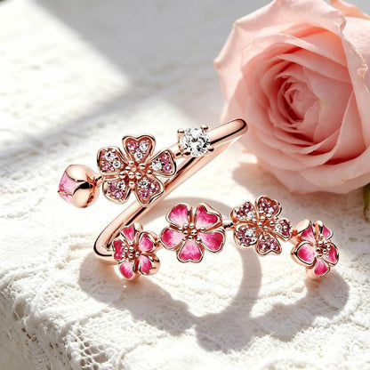 Peach Blossom Ring, Pink Cherry Blossom Rose Gold Plated Rings for Women, Adjustable Peach Floral Jewelry with Crystal & Gemstone, Gifts for Wedding Engagement Anniversary Birthday