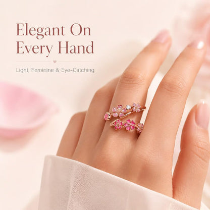 Peach Blossom Ring, Pink Cherry Blossom Rose Gold Plated Rings for Women, Adjustable Peach Floral Jewelry with Crystal & Gemstone, Gifts for Wedding Engagement Anniversary Birthday
